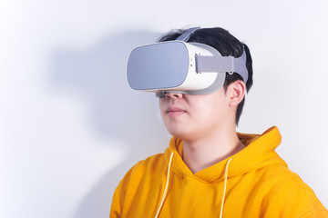People who are using vr virtual reality and wearing glasses to watch the video