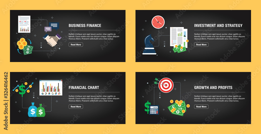 Sticker Set of internet banner design templates for web sites, internet marketing, and business. Business finance, investment and strategy, financial chart, growth and profits. 