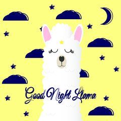 Fototapeta premium Alpaca llama on the background of stars and the month. The inscription 