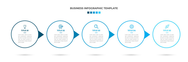 Naklejka premium Minimal Modern Minimalist Business Infographics template with circle shape. 5 steps / option timeline with icons. For presentation, process, diagram, workflow, chart. Vector with blue, white color 