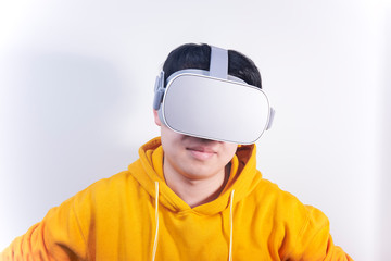 People who are using vr virtual reality and wearing glasses to watch the video