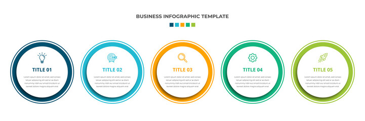 Modern Minimalist Business Infographic template with circle shape. 5 steps / option timeline with icons. For presentation, process, diagram, workflow, chart. Vector with blue, orange, green, white