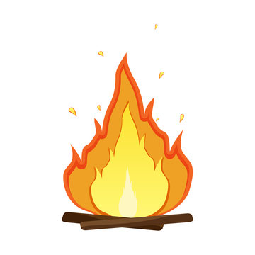 Bonfire with firewood icon. Cartoon logo of flame with sparks. Color illustration of warm, fireplace, wildlife, picnic, comfort. Flat isolated vector image on white background