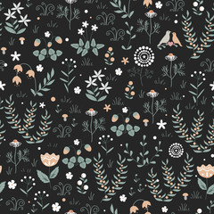 Vector floral seamless pattern with meadow plants, flowers and birds, doodle Scandinavian background