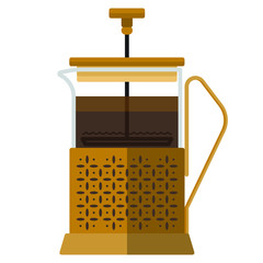 Golden French press coffee maker vector flat material design isolated on white