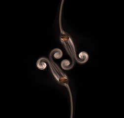 Roasted coffee beans. Seeds of freshly roasted coffee with smoke. Coffee beans closeup with emphasis on the grain with smoke.