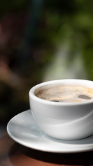 Morning cup of coffee and nature on green background .
