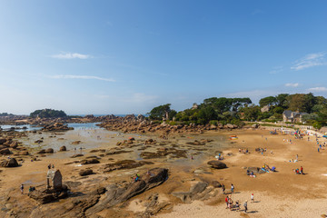 Sunset landscapes of the famous Cote de Granit Rose (Rose coast) near Lannion, Coastline in Phare de Men Ruz, Brittany, France
