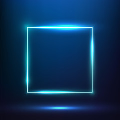 Glowing blue square neon effect banner. Vibrant square neon frame vector.