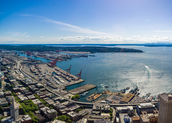Aerial view of Elliott Bay, Seattle waterfront and Seattle port or habor on a sunny day, Seattle, WA, USA.