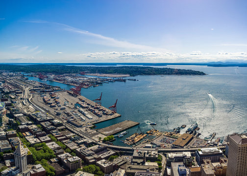 Aerial view of Elliott Bay, Seattle waterfront and Seattle port or habor on a sunny day, Seattle, WA, USA.