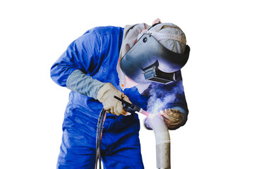 welder is welding process by Tig gas argon isolated on white background. - obrazy, fototapety, plakaty
