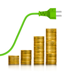 Münzstapel und Grünes Stromkabel