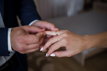Obraz na płótnie Canvas the groom puts a ring on the bride’s hand