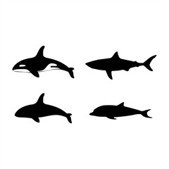 Vector set of cartoon sea animals, shark, dolphin, whale, vector illustration.