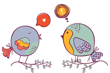 Doodle Early bird special trendy design with bird greeting card template. funny character Vector illustration. Communication with speech bubble. two little birds communicating with each other.
