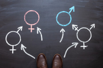 A man standing before a choice of gender symbols of male, female, bigender and transgender. Concept of choice or gender confusion or dysphoria.