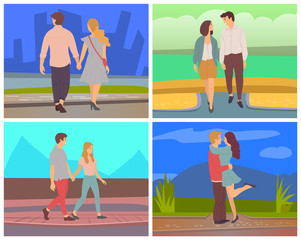 Fototapeta na wymiar Dating people in evening vector set, man and woman romantic couple on date. Male and female, boyfriend and girlfriend celebrating anniversary of relationship. Valentine day. illustration in flat style