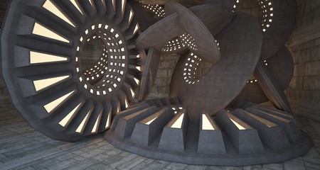 Abstract architectural concrete interior with discs. Neon lighting. 3D illustration and rendering.