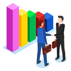 People at meeting shaking hands. Isolated characters and infocharts, formal conference of businessmen. Collaboration of personages working in company. Colleagues at work, vector in isometric 3d