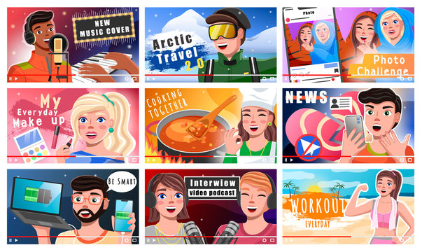 Set of vlogs of video bloggers on different topics. Culinary and travel show, fashion and beauty tutorial, interview podcast with stars. Working out motivation and thoughts of news vector illustration