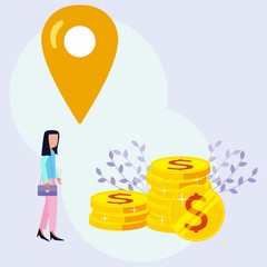 Businessmen stand close to a large map pointer behind a pile of coins. Our office location. Vector illustration.