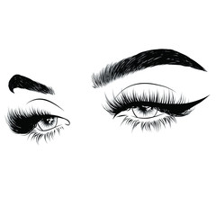 Fototapeta premium Sleek fashion illustration of the eye with luxe makeup and natural eyebrow. Hand drawn vector idea for business visit cards, templates, web, salon banners,brochures. Microblading visit card