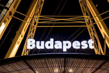 Budapest sign at night on Budapest Eye ferris wheel