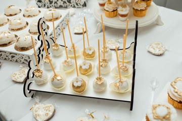 Restaurant sweets arrangements for wedding reception, catering banquet table. Buffet with a variety of delicious sweets, food ideas, celebration