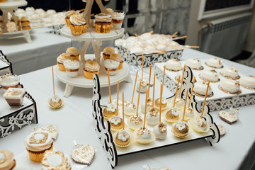 Restaurant sweets arrangements for wedding reception, catering banquet table. Buffet with a variety of delicious sweets, food ideas, celebration