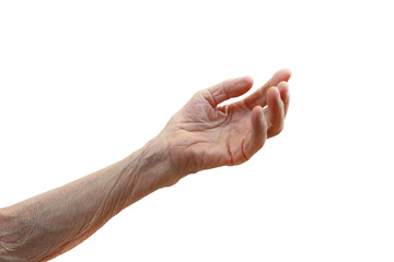 Old lady's hand with open palm. Elderly lady is waiting for help. Elderly concept with white background. Isolated white background, close up, overhead, copy space