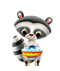 Cute hand-drawn raccoon with a letter on a white background