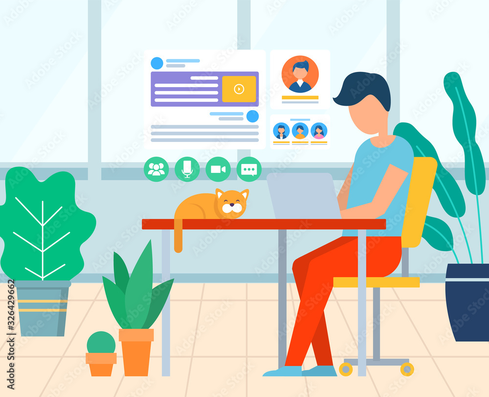 Poster worker communication with laptop, screen of social network. business workplace with cat on table and