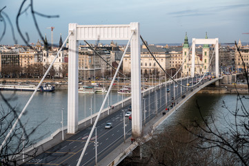 Fototapeta premium view from Gellert Hill over Elisabeth Bridge to Inner City Parish Church in Pest