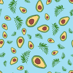 avocado with cookies from hearts on a blue background cute doodle seamless pattern, for fabric design home