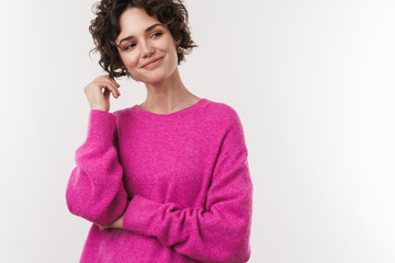 Image of happy beautiful woman smiling and looking aside