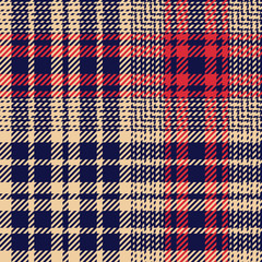 Fototapeta na wymiar Tartan plaid pattern glen fabric. Seamless dark multicolored check plaid graphic in blue, red, and beige for coat, jacket, blanket, throw, duvet cover, or other modern winter tweed design.