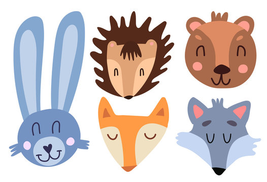 Cute baby faces of a hare, hedgehog, fox, wolf and bear. Funny cartoon style cute forest animals. Wild animals for printing on children's textiles, prints, t-shirts.