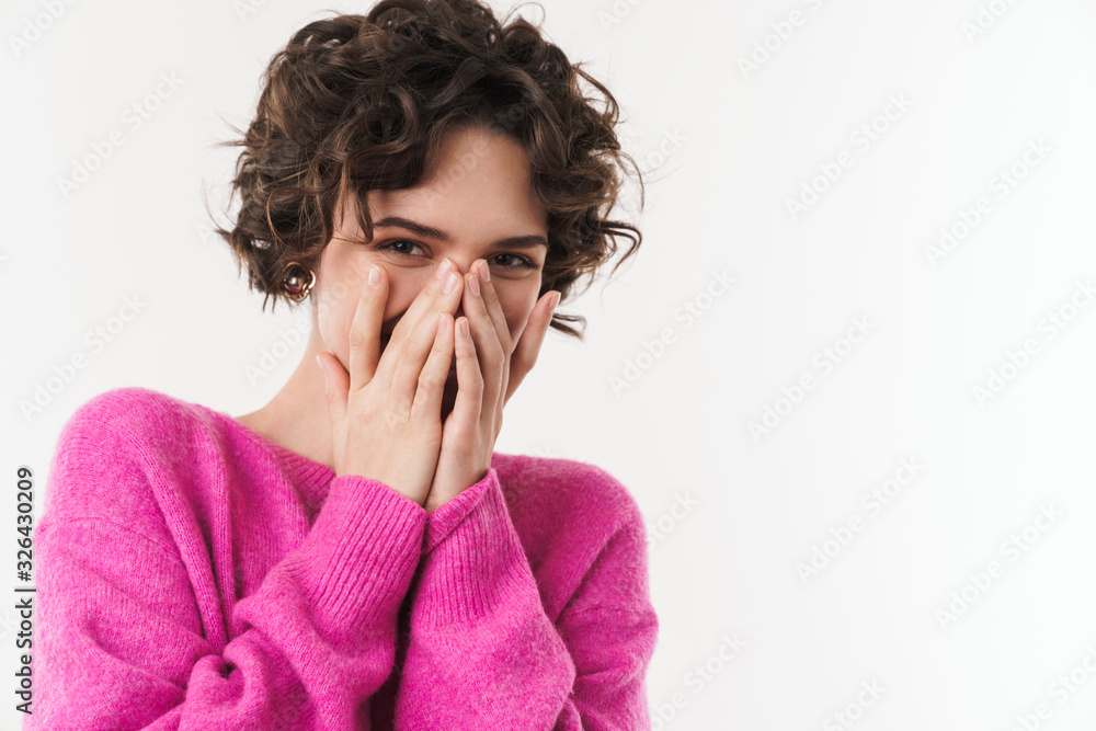 Poster Image of joyful beautiful woman smiling and covering her face