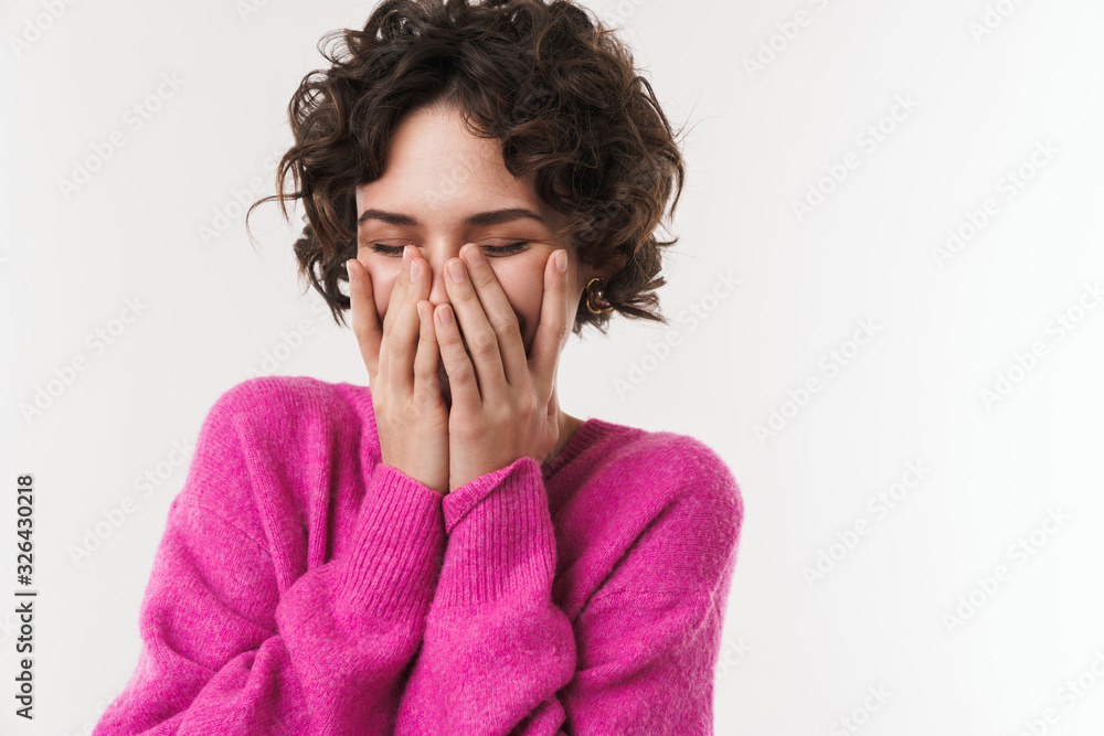 Canvas Prints Image of joyful beautiful woman smiling and covering her face