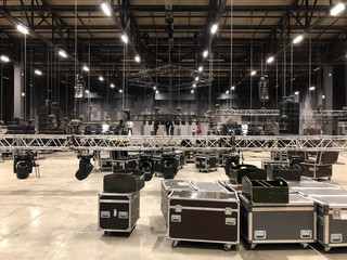 Installation of professional sound, light, video and stage equipment for a concert. Stage lighting...