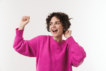 Image of happy beautiful woman smiling and dancing