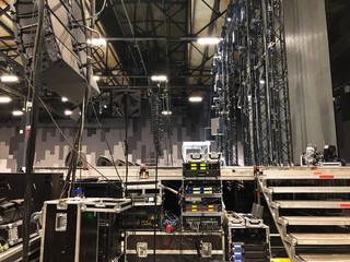 Installation of professional sound, light, video and stage equipment for a concert. Backstage area...