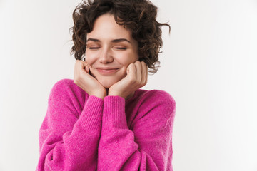 Image of happy caucasian woman smiling with eyes closed