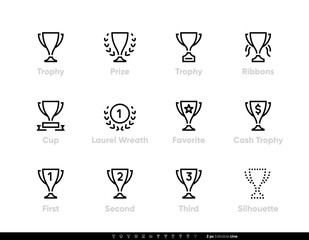 Trophy Cup icons vector set. Awards with Ribbons. Editable line set on white
