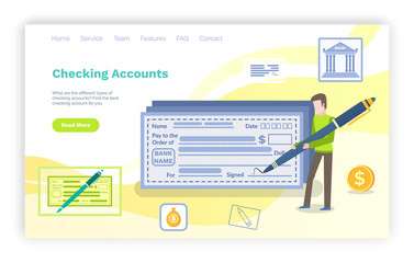 Checking accounts vector, male with pig pen signing bill check, banking institution for money trust. Male with forms and dollars in small bag. Website or webpage template, landing page flat style