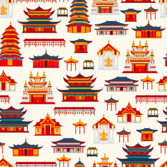 Seamless vector pattern with Chinese traditional buildings and temples on a light background