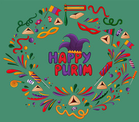 Happy Purim  background. Jewish Holiday Purim traditional design elements, icons. Hamantaschen cookies, carnival mask, star of David,ratchet, oznei Haman, gifts,vine, confetti.Lettering, text Purim.