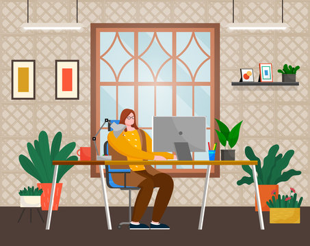 Worker using computer on workplace in office or at home. Female typing in pc wireless device sitting at table with cup, pan and lamp symbol near window. Employee looking at laptop indoor vector
