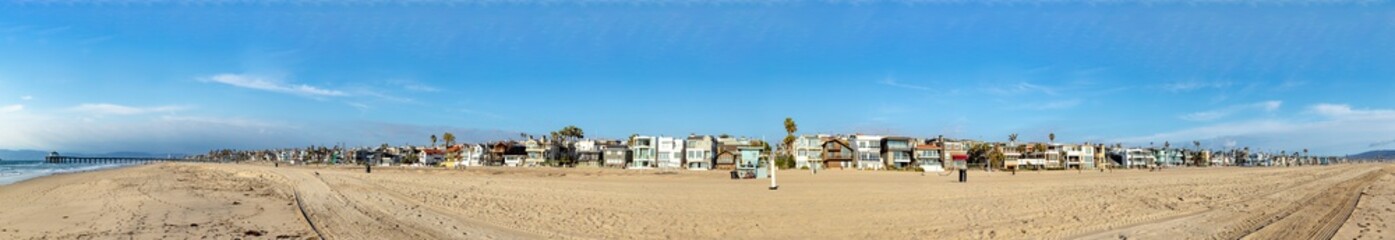 scenic beach houses at the promenade of Manhattan beach, USA near Los Angeles